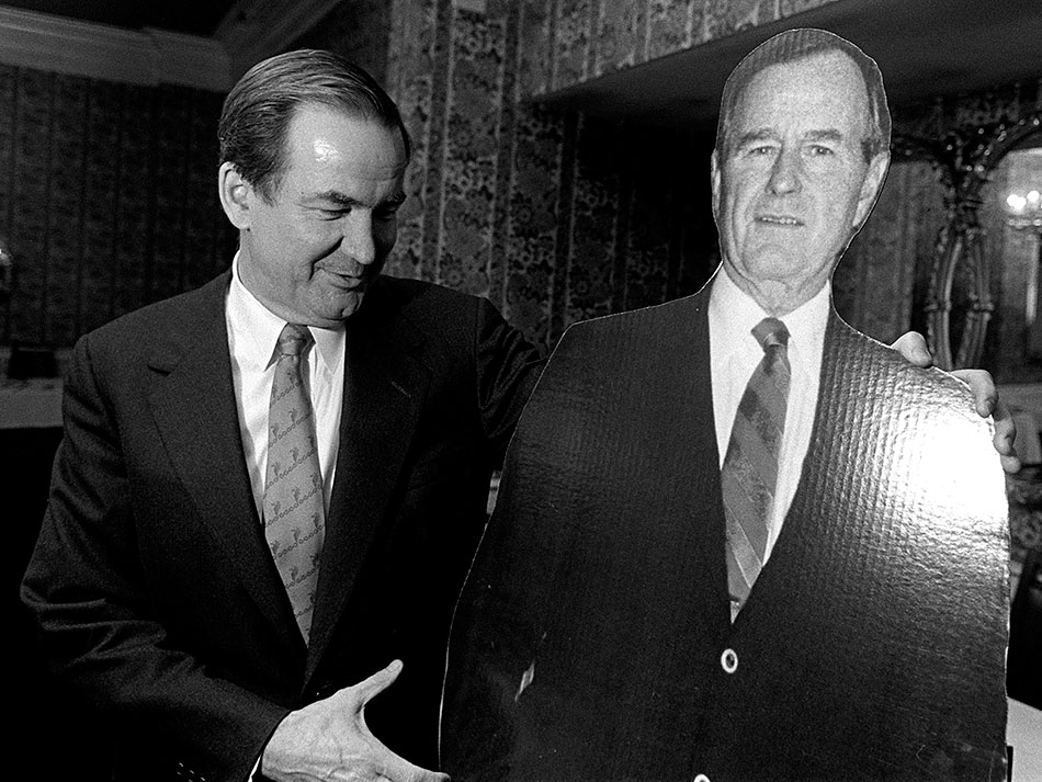 Pat Buchanan and a cardboard George Bush